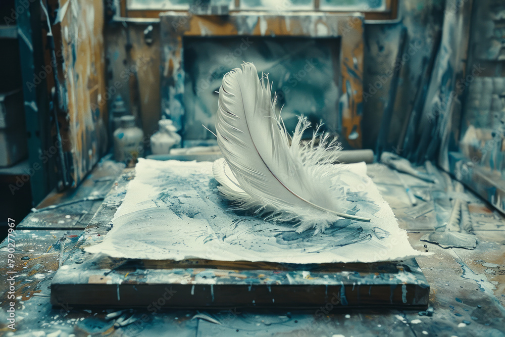 Fototapete a scene capturing the process of using bird feathers to transfer ink to watercolor paper, creating a
