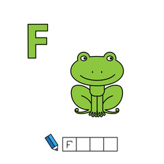 Alphabet with cute cartoon animals isolated on white background. Learning to write game for children education. Vector illustration of frog and letter F