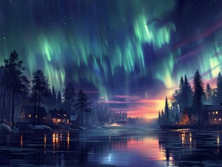 Fototapeta na wymiar A beautiful night sky with auroras and a peaceful lake with houses in the background. Scene is serene and calming