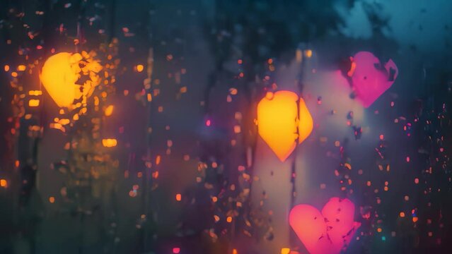 A photo showcasing rain drops and heart-shaped patterns on a window pane, Raindrops forming heart shapes on a window pane