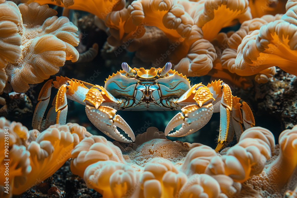 Poster a scene depicting a crab navigating through coral crevices, its hard shell a stark contrast to the s