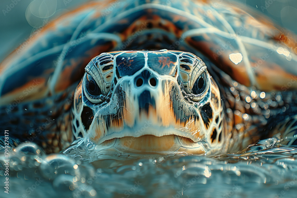 Poster a close-up of a sea turtle gracefully swimming past the camera, its shell patterned with the scars o