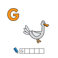 Alphabet with cute cartoon animals isolated on white background. Learning to write game for children education. Vector illustration of goose and letter G