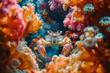 A scene depicting a crab navigating through coral crevices, its hard shell a stark contrast to the s - obrazy, fototapety, plakaty