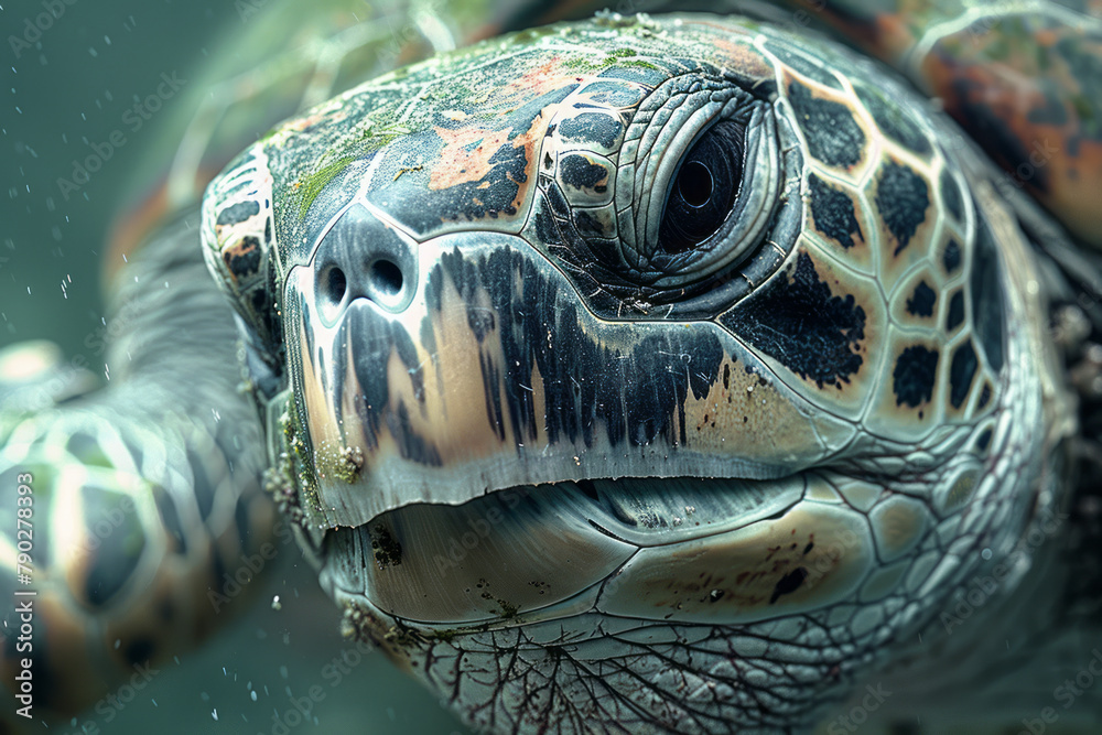 Poster a close-up of a sea turtle gracefully swimming past the camera, its shell patterned with the scars o