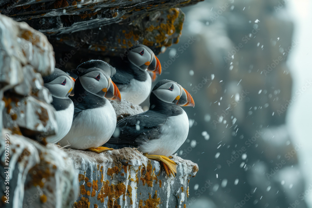 Poster a scene depicting a group of puffins nesting on cliff edges, their colorful beaks bright against the