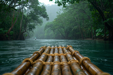 A scene depicting a handcrafted bamboo raft on a tropical river, a traditional mode of transport sti - obrazy, fototapety, plakaty