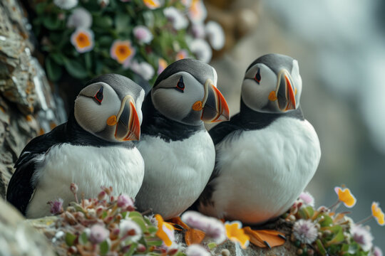 A scene depicting a group of puffins nesting on cliff edges, their colorful beaks bright against the