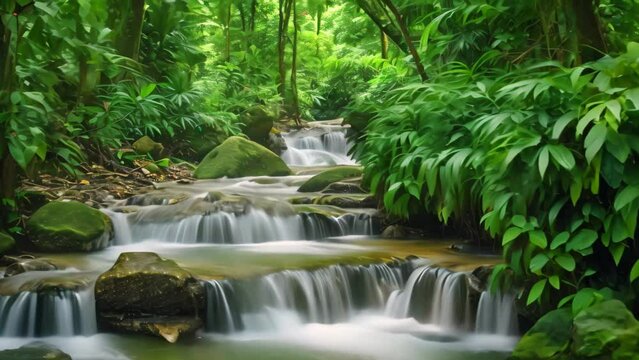 A small waterfall flows through a dense, vibrant green forest, creating a picturesque sight, River cascading through a lush rainforest