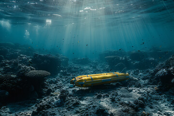 A scene depicting an autonomous underwater vehicle (AUV) mapping the ocean floor, using sonar to rev - obrazy, fototapety, plakaty