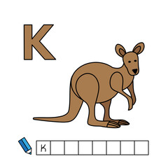 Alphabet with cute cartoon animals isolated on white background. Learning to write game for children education. Vector illustration of kangaroo and letter K