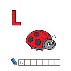 Alphabet with cute cartoon animals isolated on white background. Learning to write game for children education. Vector illustration of ladybug and letter L