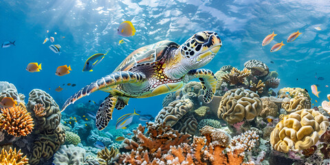 Hawaiian Green Sea Turtle Chelonia mydas with water background