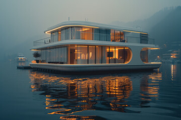 A scene of a luxury floating hotel, providing guests with the experience of staying on the water wit - obrazy, fototapety, plakaty