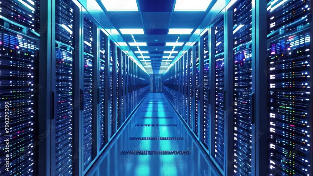 Poster a densely packed configuration of computer servers filling a large data center, rows of servers in a