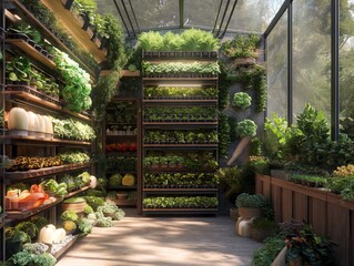 A greenhouse filled with plants and vegetables. The plants are arranged in rows and are well-tended. The atmosphere is calm and peaceful, with the sunlight streaming in through the glass walls