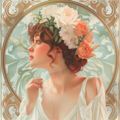 white female bride with bouquet of flowers on white blue background frame in the style of Art Nouveau