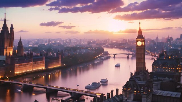 A Painting of Big Ben and the City of London - A Majestic View of the Iconic Landmark and Urban Landscape, Rooftop view of London bathed in twilight