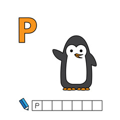Alphabet with cute cartoon animals isolated on white background. Learning to write game for children education. Vector illustration of penguin and letter P