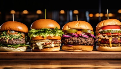 An array of different types of burgers, including veggie, chicken, and beef, lined up on a modern counter, showcasing variety and appeal