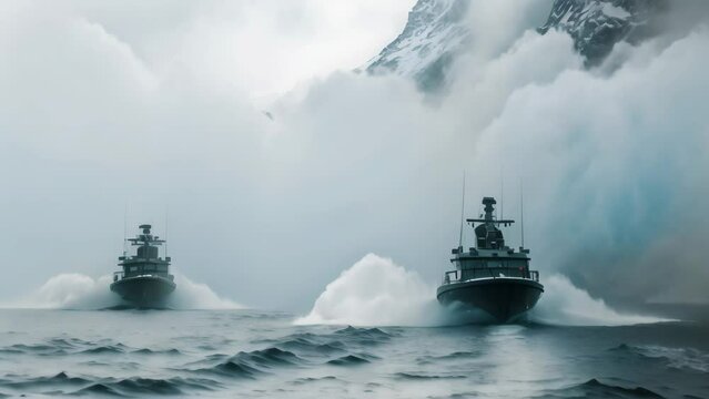 Two boats, one painted blue and the other white, are anchored in calm waters, Rugged military patrol boats navigating through a foggy Arctic channel