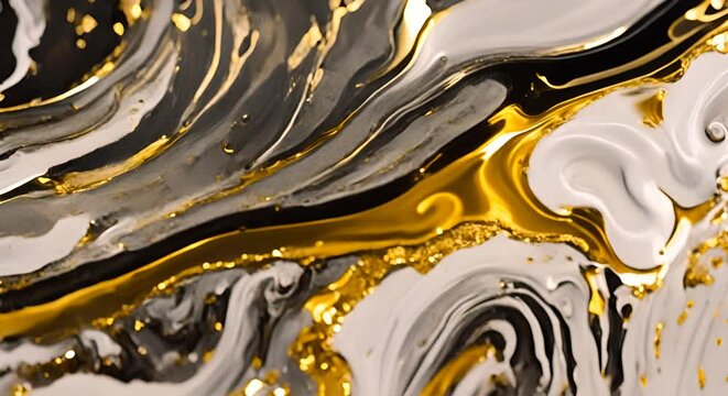 Creative abstract golden white black and silver paint liquid effect texture close-up fragment of acrylic painting on canvas with brush strokes Modern art Black and white with gold background