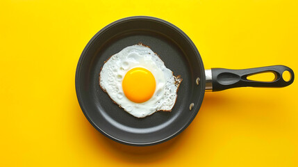 Fried egg in a frying pan with yellow background