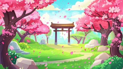 Spring landscape of a park with a sakura tree and green grass glade and falling pink petals, illustrative modern of Japanese cherry blossoms, modern illustration.