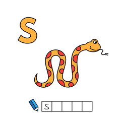 Alphabet with cute cartoon animals isolated on white background. Learning to write game for children education. Vector illustration of snake and letter S