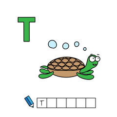 Alphabet with cute cartoon animals isolated on white background. Learning to write game for children education. Vector illustration of turtle and letter T