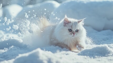 White Napoleon cat playing and patrolling outside in the snow - obrazy, fototapety, plakaty