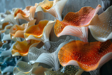 A close-up of an art installation featuring mushroom cap prints, each mushroom type producing a diff