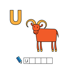 Alphabet with cute cartoon animals isolated on white background. Learning to write game for children education. Vector illustration of urial and letter U