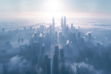 An aerial shot of a city enveloped in smog, the air pollution obscuring buildings and posing a healt