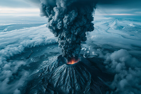 An image capturing the interaction between volcanic activity and the surrounding environment, plumes
