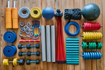 Detailed Fitness Training Scene: A Comprehensive Array of PT Gear Ready for an Intense Workout - obrazy, fototapety, plakaty