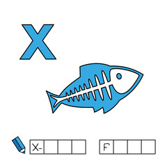 Alphabet with cute cartoon animals isolated on white background. Learning to write game for children education. Vector illustration of X-ray fish and letter X