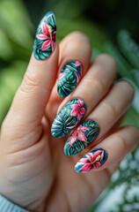 Womans Hand With Green and Pink Manicure