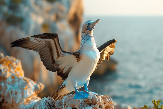 An image of a blue-footed booby performing its mating dance on a rocky island, captivating with its