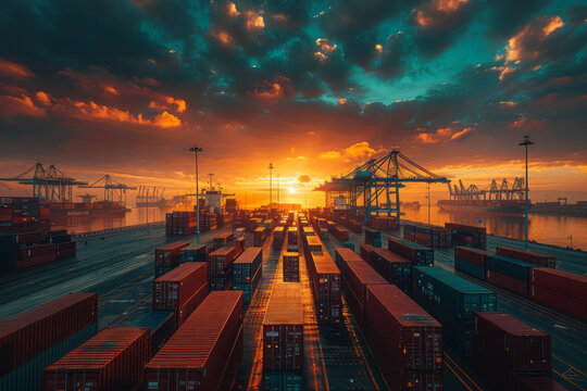 An image of a busy container port at sunrise, cranes silhouetted against the morning sky as they unl