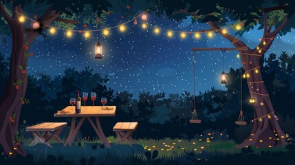 Modern cartoon illustration of a night backyard party for two. A table is set for dinner with wine bottles and glasses; the garden has a swing on the tree decorated with garlands under the stars.