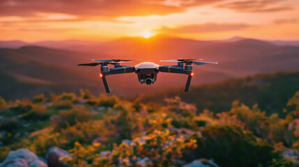 A sleek black drone flies over a beautiful sunset.