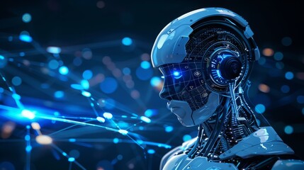 An illustration of a robot head with glowing blue eyes and a futuristic background with glowing blue lines and dots.