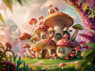 Fantasy cartoon mushroom house & fairy home in the forest by AI Generative.