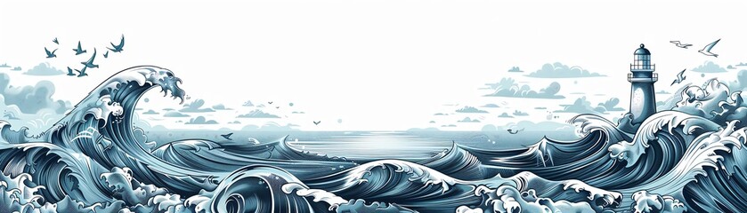 blue plain line art drawing theme is ocean myths, add lots of different elements and small details really big sea scene with waves, lighthouse,. - obrazy, fototapety, plakaty
