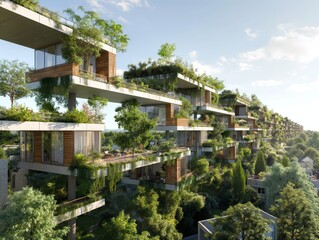 A row of houses with green roofs and trees growing on them. The houses are tall and have balconies. Concept of harmony between nature and architecture, as well as a peaceful and serene atmosphere