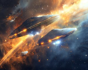 Futuristic UFOs with sparkleenhanced propulsion systems flying past a supernova in a distant galaxy.