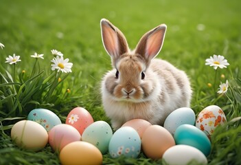 Fototapeta na wymiar Generative AI illustration of cute Easter bunny, eggs on spring green background, flowers