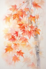 A delicate pastel watercolor painting of a maple tree with its leaves gently swaying in the breeze, capturing the essence of a peaceful autumn day