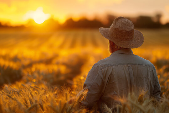 An image of a farmer in a field at dawn, checking the growth of crops, the early morning light casti